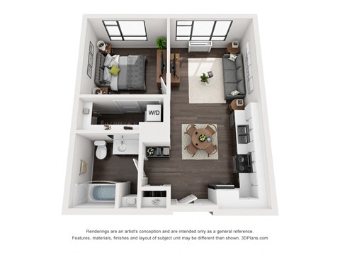 Floor plan for 1 bed, 1 bath, 615 sqft